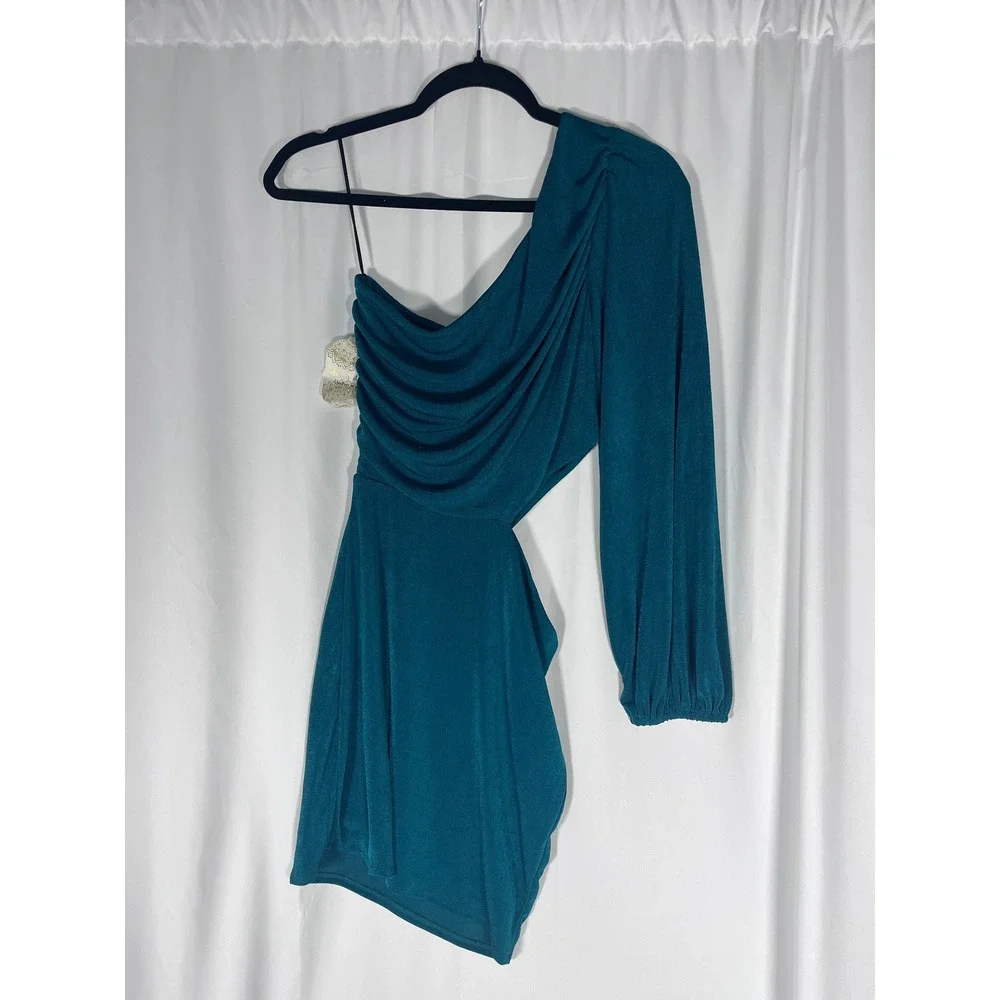 NWT Altar'd State Teal One Shoulder Ruched Draped Glam Mini Dress S